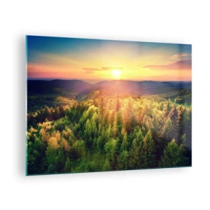 Quadro su vetro - Tramonto su una foresta di montagna con vista sulle valli - 70x50cm - Vette e cime - Decorazione murale moderna per soggiorno e camera da letto ARTTOR