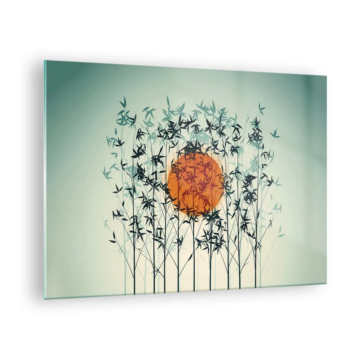 Quadro su vetro - Sole rosso tra delicate foglie di bambù - 70x50cm - Sole giapponese - Decorazione murale moderna per soggiorno e camera da letto ARTTOR