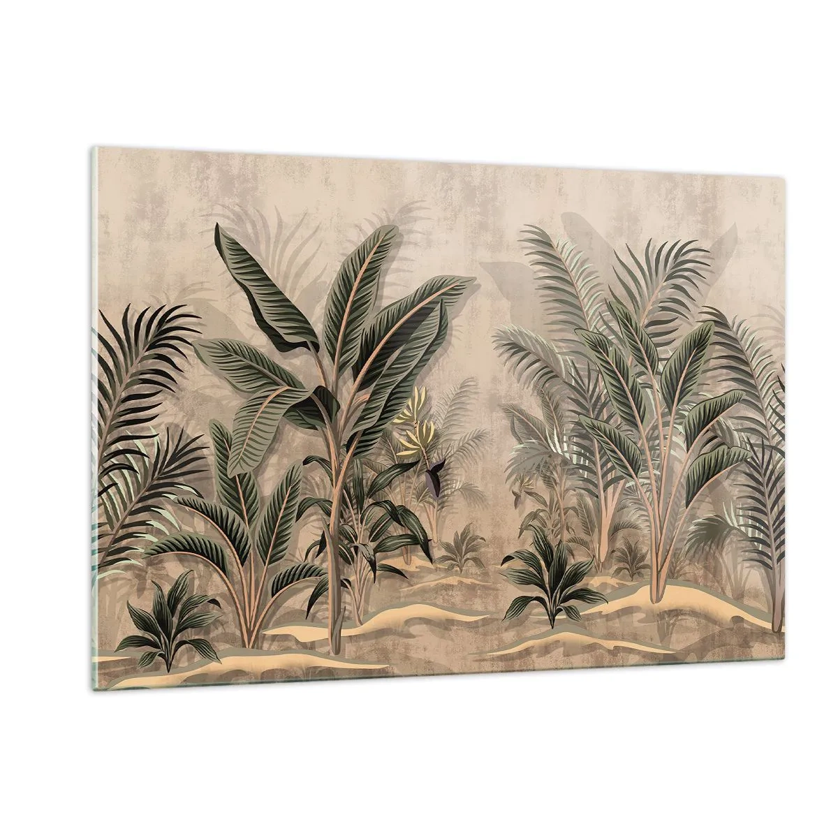 Quadro su vetro - Piante tropicali su sfondo beige in stile coloniale - 120x80cm - Incisione in stile coloniale - Decorazione murale moderna per soggiorno e camera da letto ARTTOR
