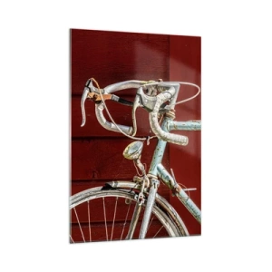 Quadro su vetro - Una bicicletta d'epoca contro un muro di legno rosso - 70x100cm - Creata per la vittoria - Decorazione murale moderna per soggiorno e camera da letto ARTTOR