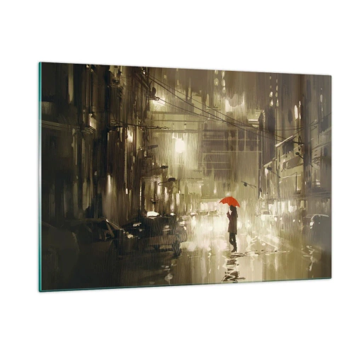 Quadro su vetro - Persona con ombrello rosso nella luce piovosa della città di notte - 120x80cm - Sola ma non solitaria - Decorazione murale moderna per soggiorno e camera da letto ARTTOR