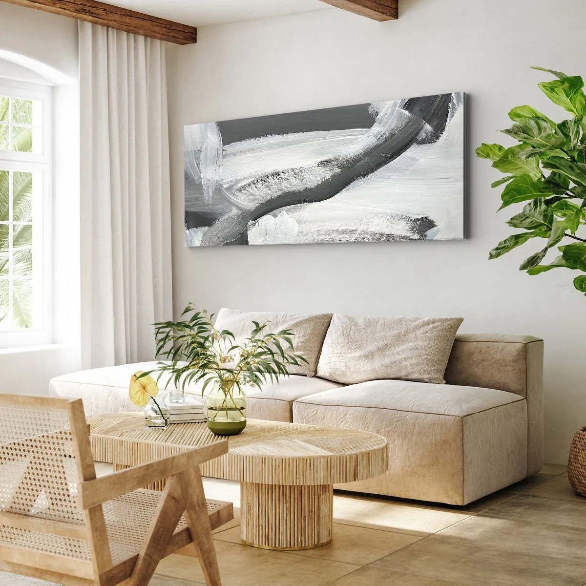 Quadro su tela - Stampe su Tela - Astrazione grigia e bianca con linee dinamiche - 120x50cm - Movimento deciso - Decorazione murale moderna per soggiorno e camera da letto ARTTOR