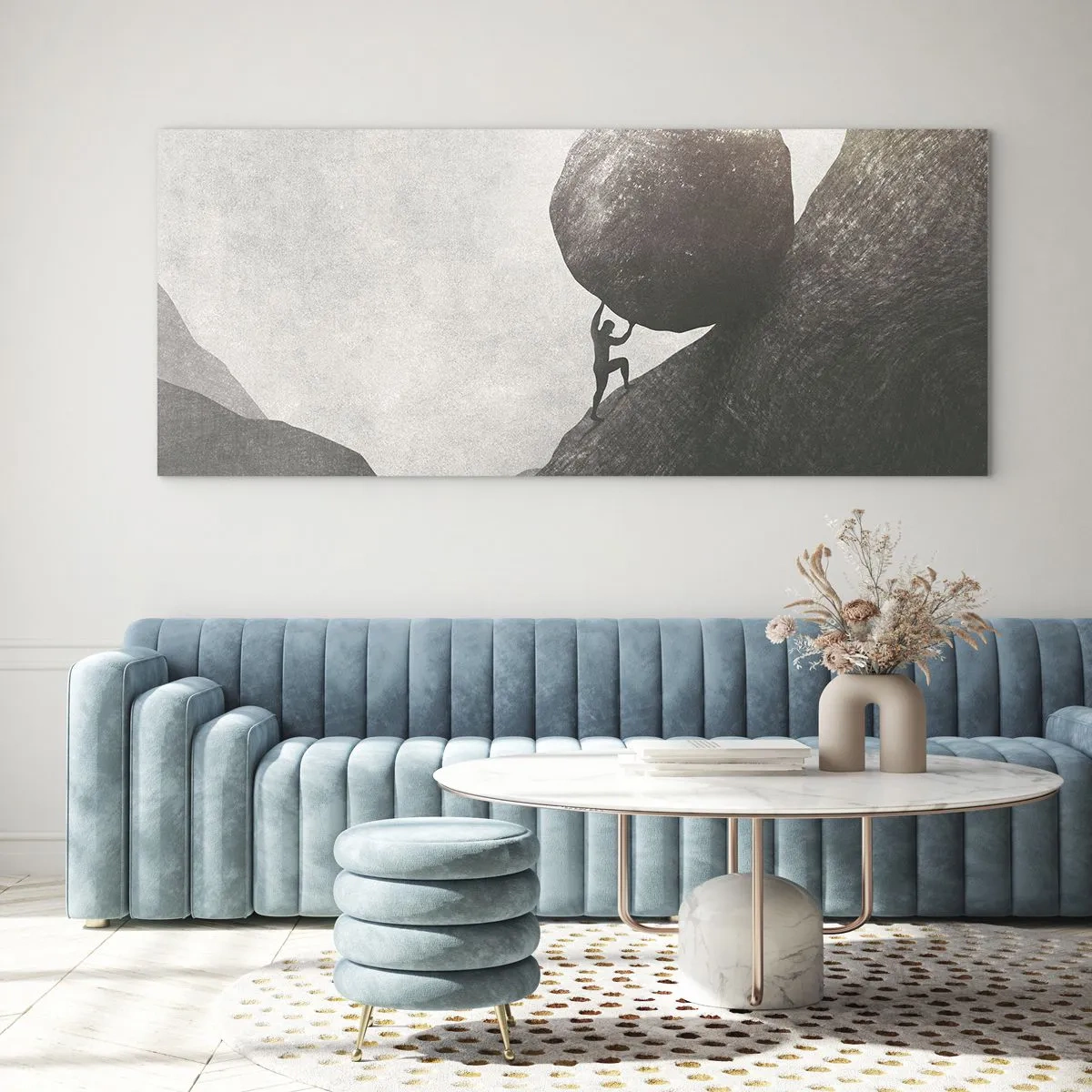 Quadro su vetro - Un uomo che scala un enorme masso su una collina - 120x50cm - Credo contro ogni speranza - Decorazione murale moderna per soggiorno e camera da letto ARTTOR
