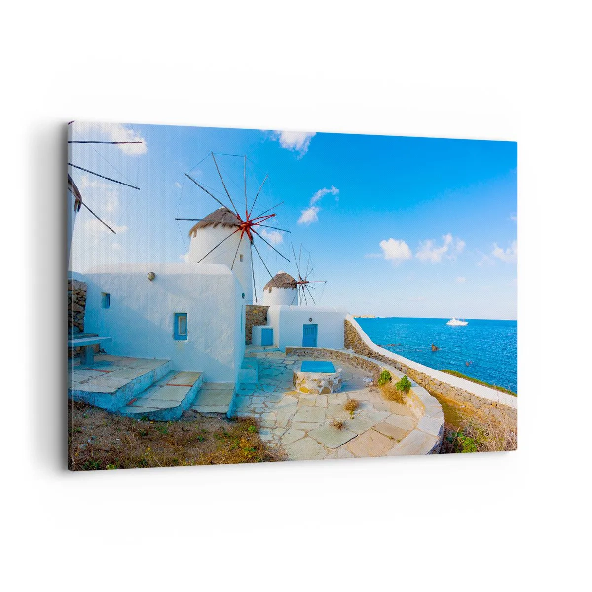 Quadro su tela - Stampe su Tela - Mulini a vento bianchi sulle rive del mare blu - 120x80cm - Vento azzurro sul mare - Decorazione murale moderna per soggiorno e camera da letto ARTTOR