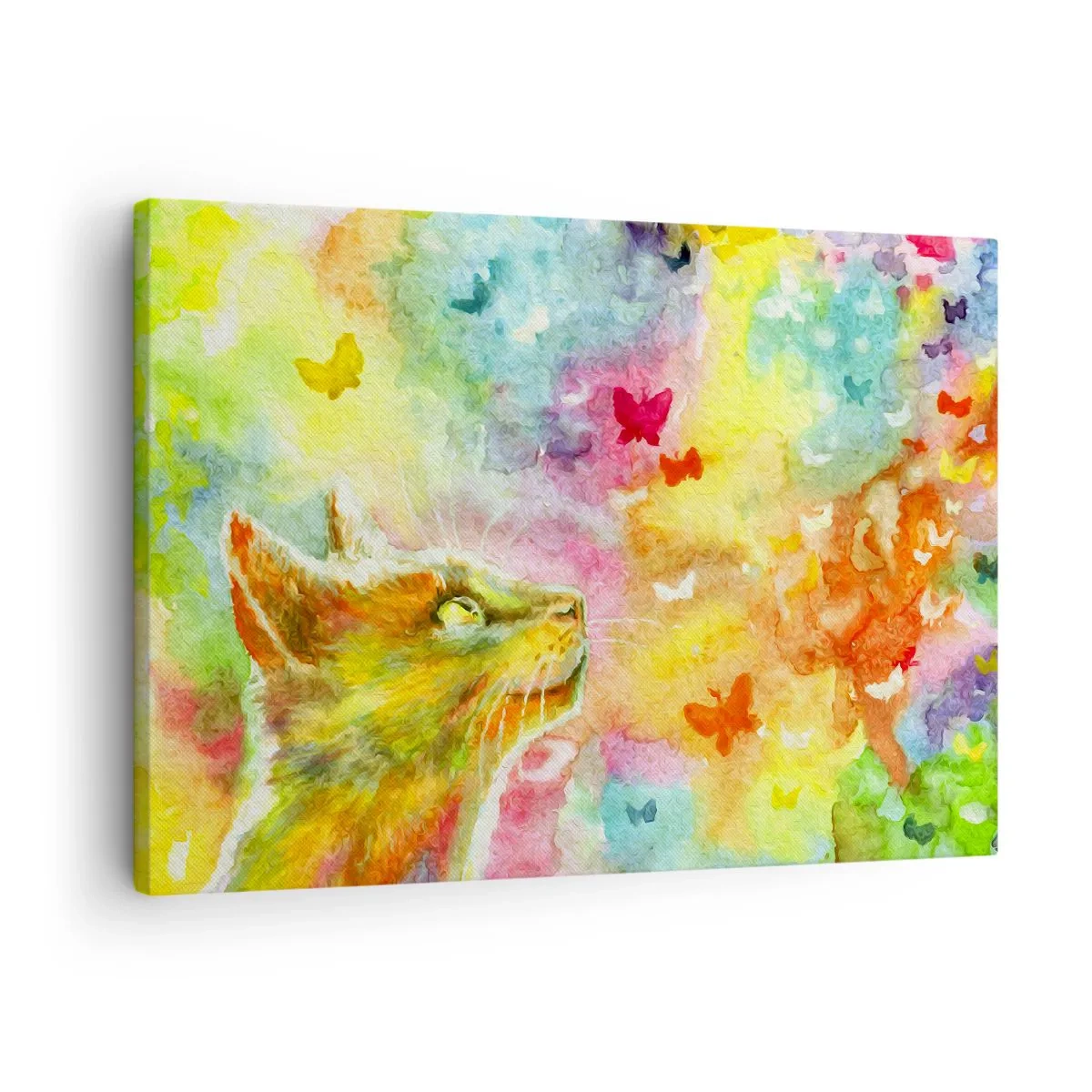 Quadro su tela - Stampe su Tela - Un gatto circondato da farfalle colorate - 70x50cm - Storie dal paese dei gatti - Decorazione murale moderna per soggiorno e camera da letto ARTTOR