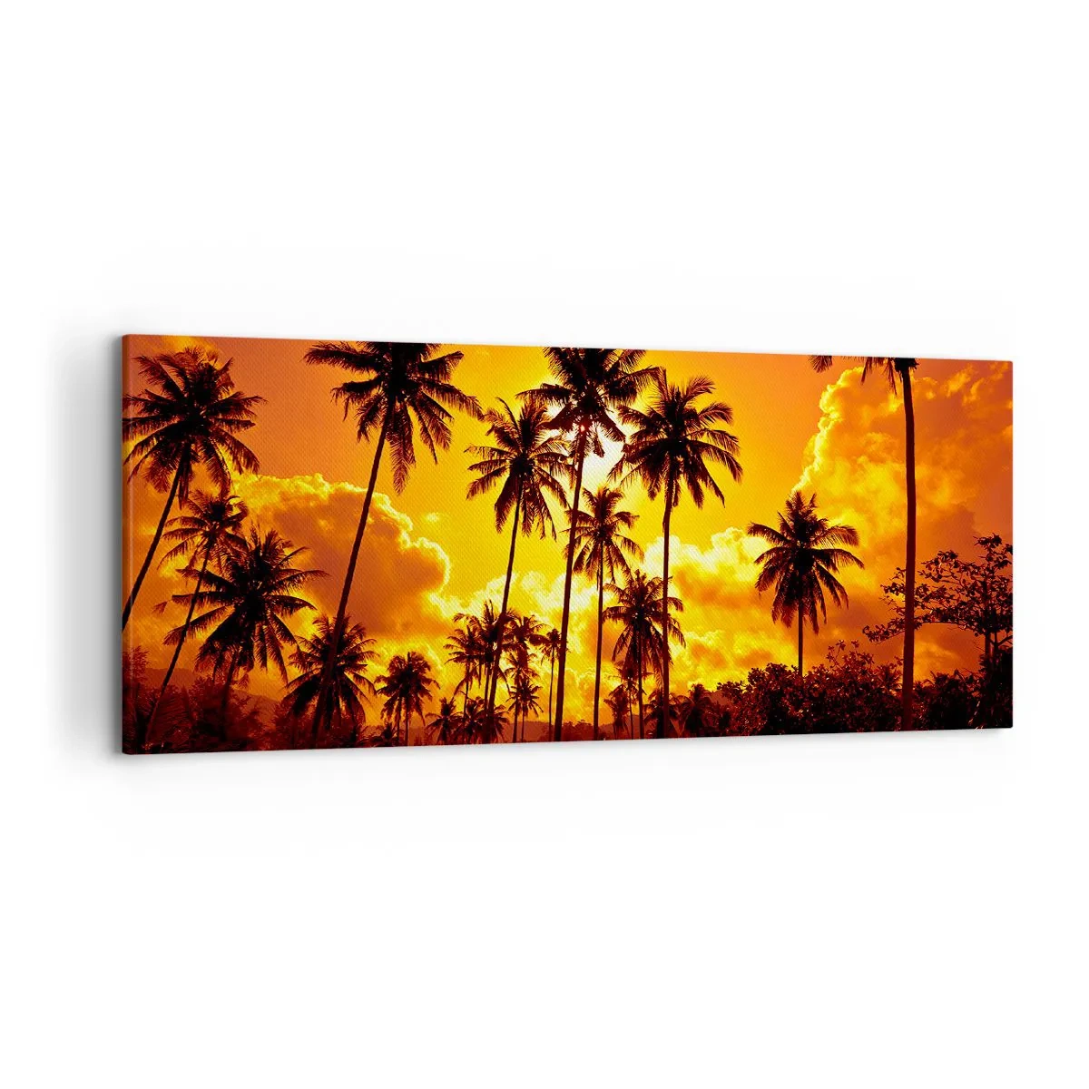 Quadro su tela - Stampe su Tela - Palme contro un cielo dorato durante un tramonto tropicale - 120x50cm - Bruciano i monti, bruciano i boschi - Decorazione murale moderna per soggiorno e camera da letto ARTTOR