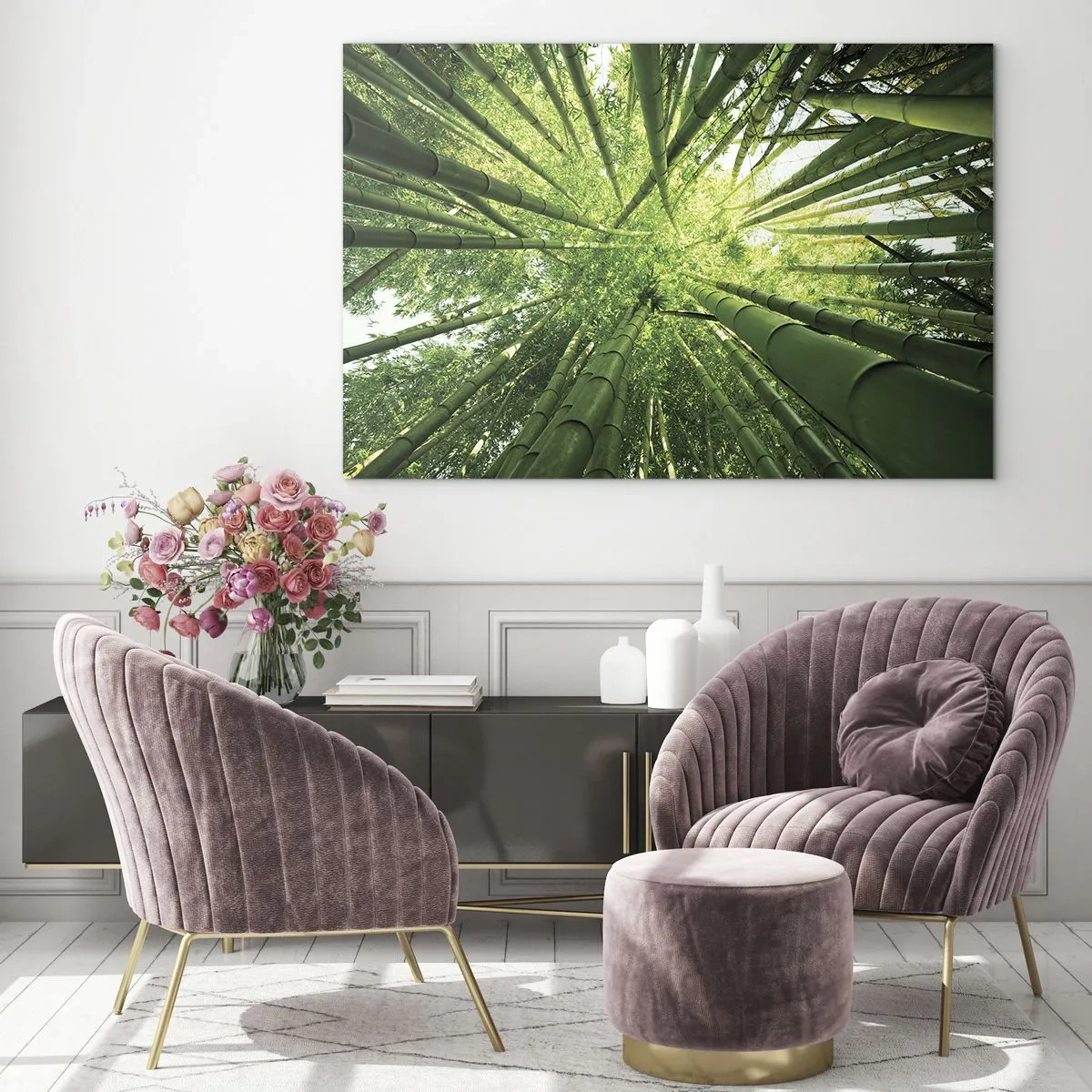 Quadro su vetro - Vista prospettica dall'alto della foresta di bambù - 70x50cm - Nella foresta di bambù - Decorazione murale moderna per soggiorno e camera da letto ARTTOR