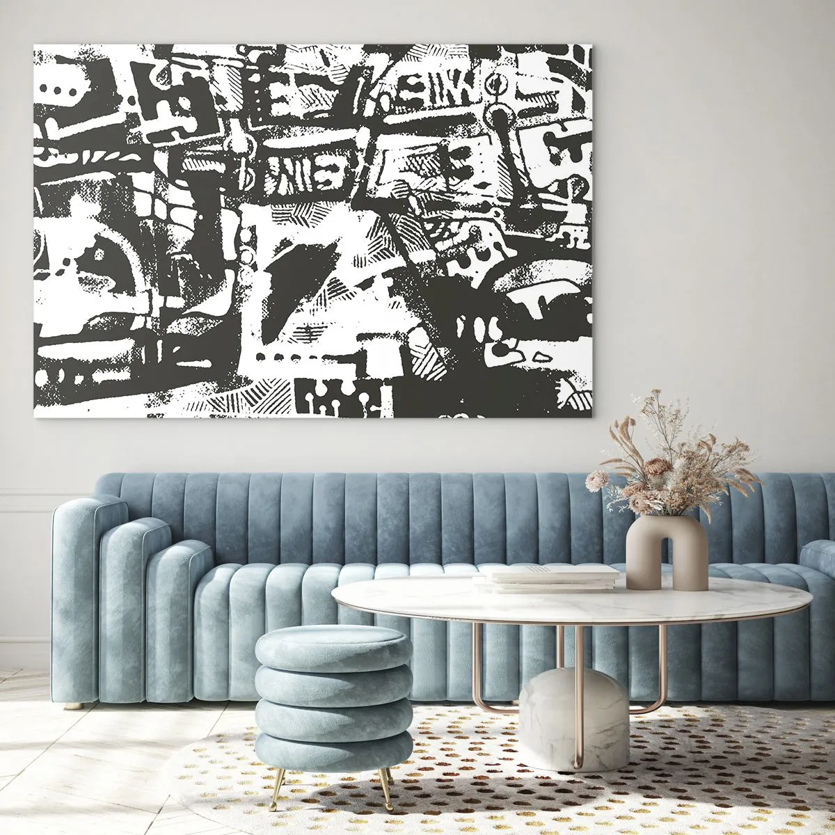 Quadro su vetro - Astrazione in bianco e nero con motivi geometrici e tecnici - 70x50cm - Ordine o caos? - Decorazione murale moderna per soggiorno e camera da letto ARTTOR