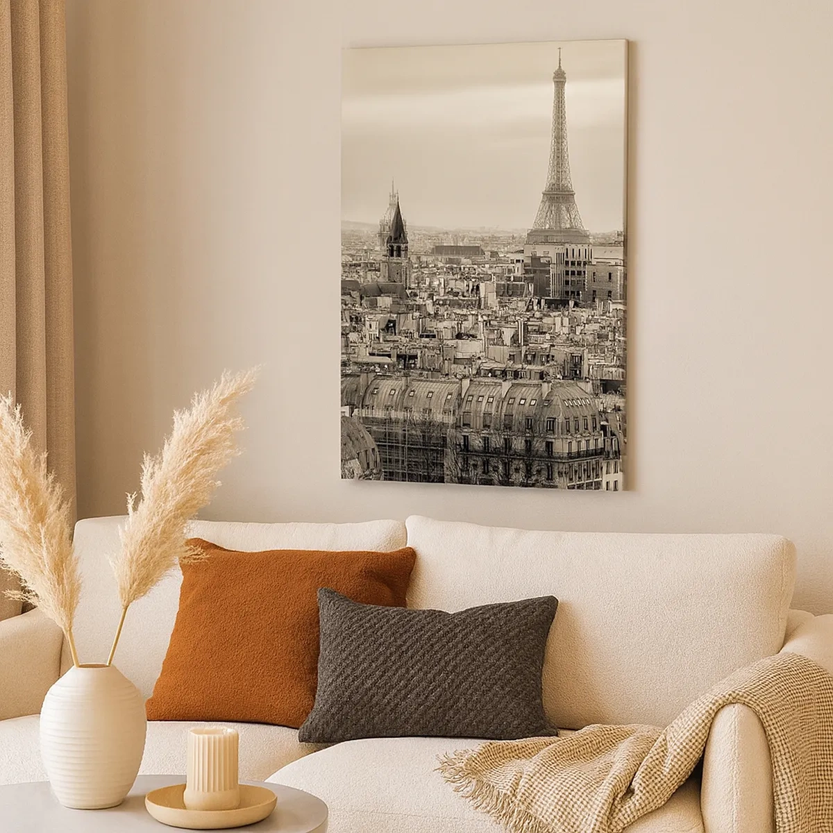 Quadro su tela - Stampe su Tela - Panorama di Parigi con la Torre Eiffel in tonalità seppia - 50x70cm - Sui tetti di Parigi - Decorazione murale moderna per soggiorno e camera da letto ARTTOR