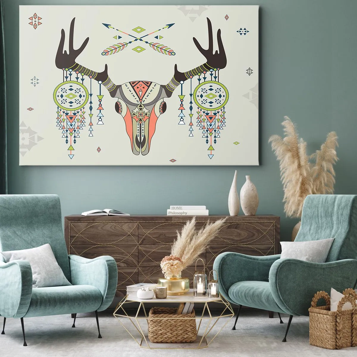 Quadro su tela - Stampe su Tela - Decorazione boho con teschio di cervo e acchiappasogni - 70x50cm - Il trofeo del cacciatore indiano - Decorazione murale moderna per soggiorno e camera da letto ARTTOR