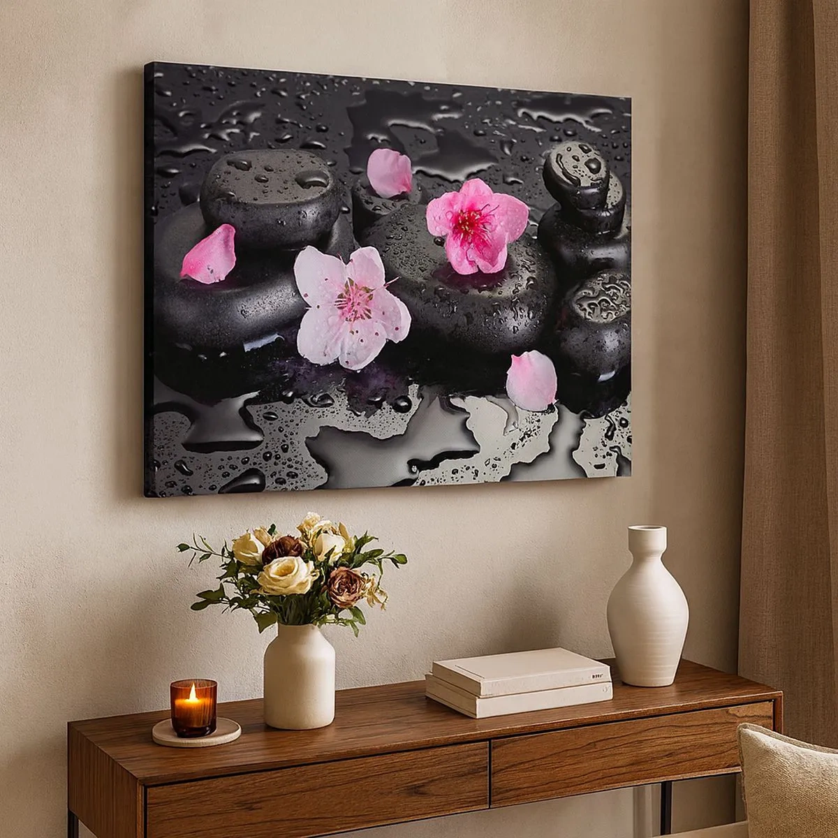 Quadro su tela - Stampe su Tela - Pietre nere e fiori rosa in stile spa - 70x50cm - E il cuore si libera di un peso - Decorazione murale moderna per soggiorno e camera da letto ARTTOR