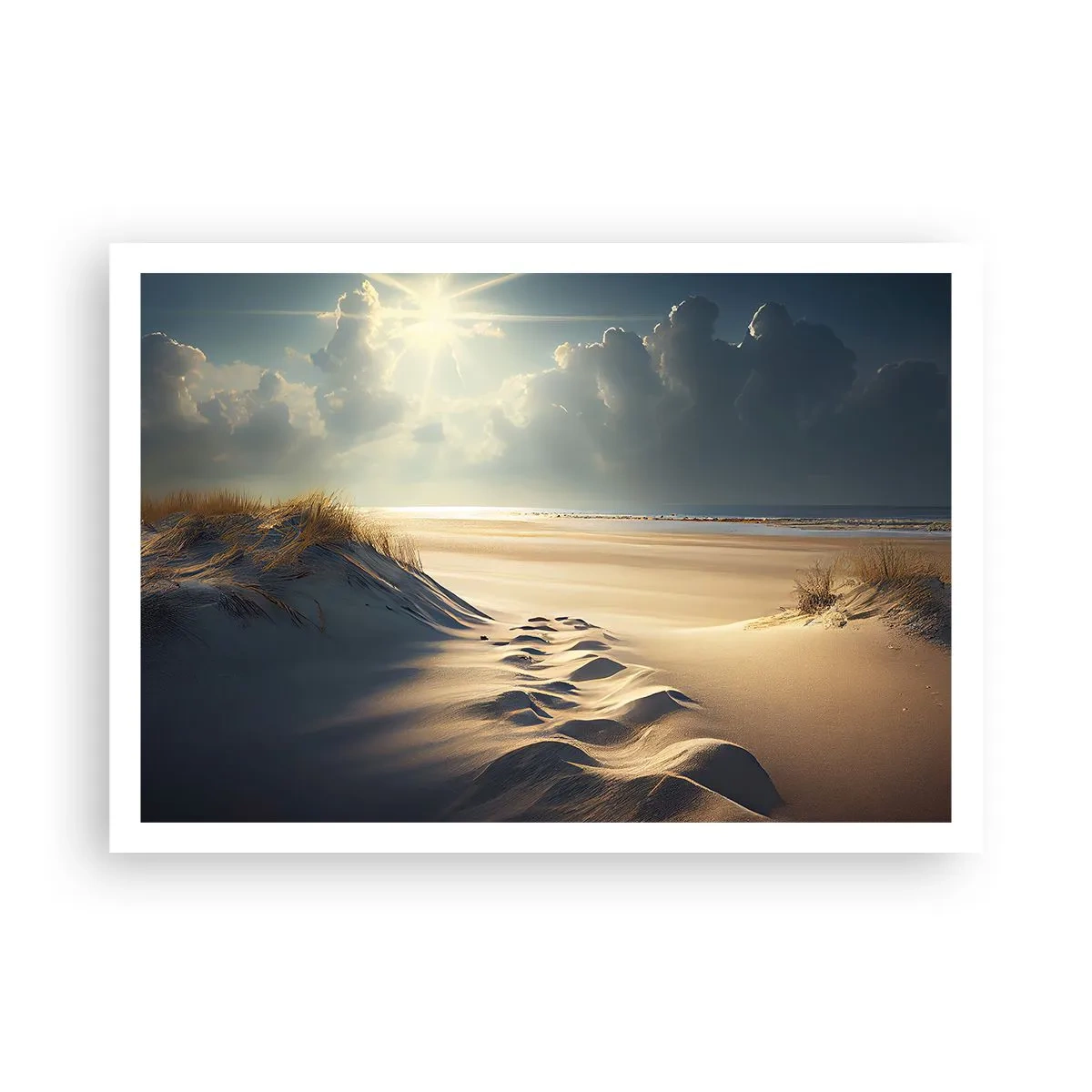 Poster - Dune dorate sulla spiaggia al tramonto con vista sul mare - 100x70cm - Paesaggio rilassante - Decorazione murale moderna per soggiorno e camera da letto ARTTOR