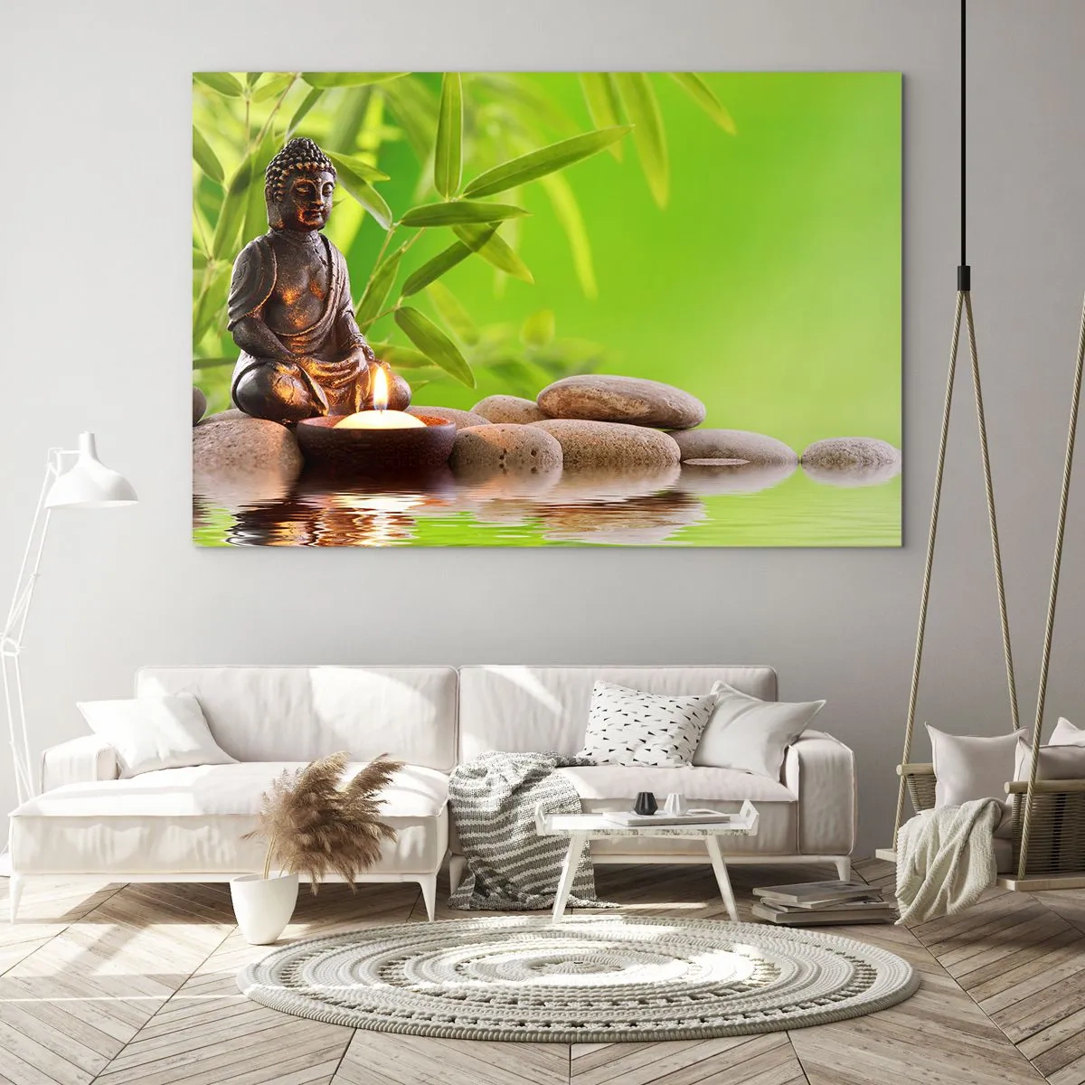 Quadro su vetro - Una figura di Buddha con una candela accesa in un ambiente verde - 100x70cm - La vita è bella - Decorazione murale moderna per soggiorno e camera da letto ARTTOR