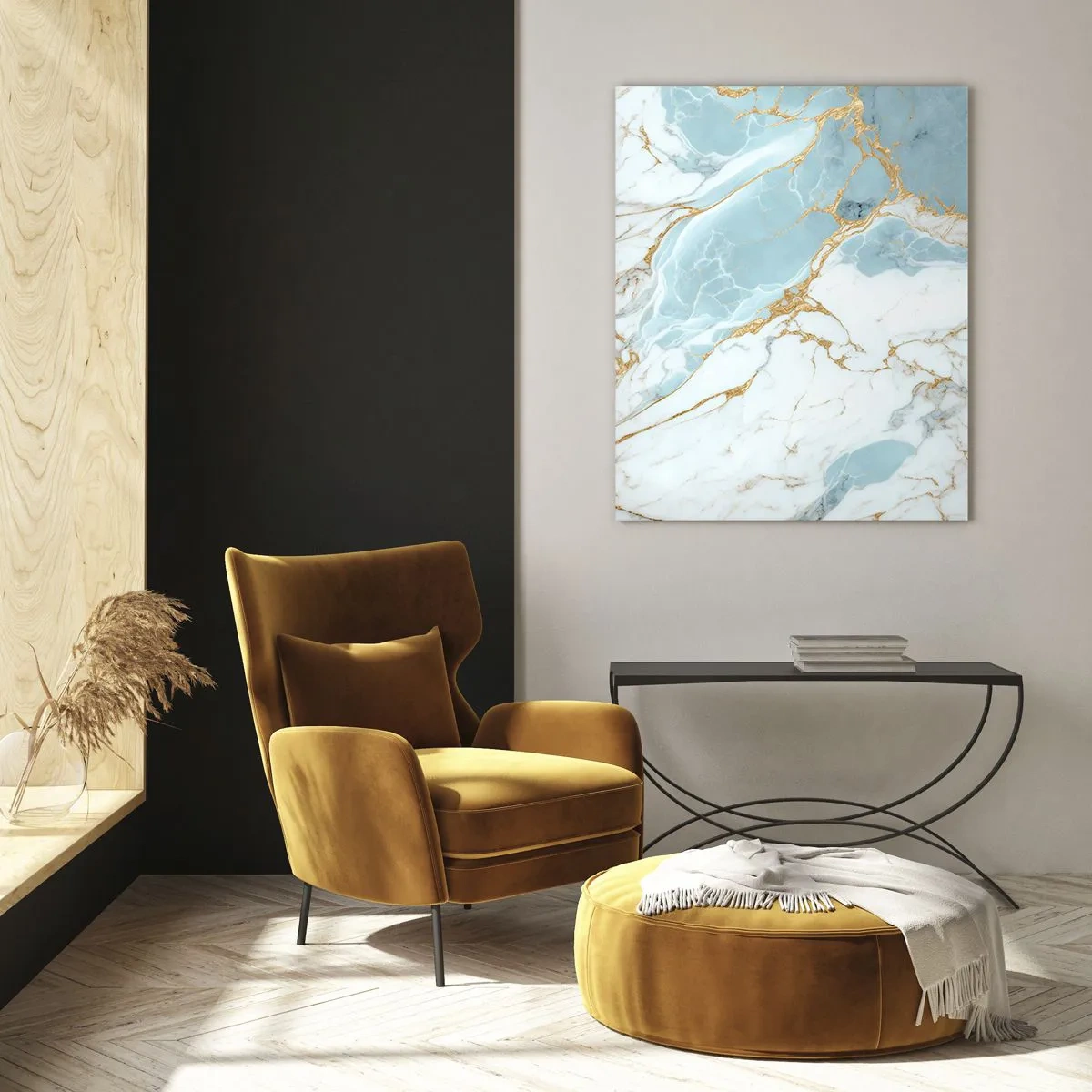 Quadro su vetro - Motivi in marmo blu e bianco con venature dorate aggiunte - 70x100cm - La ricchezza della pietra - Decorazione murale moderna per soggiorno e camera da letto ARTTOR