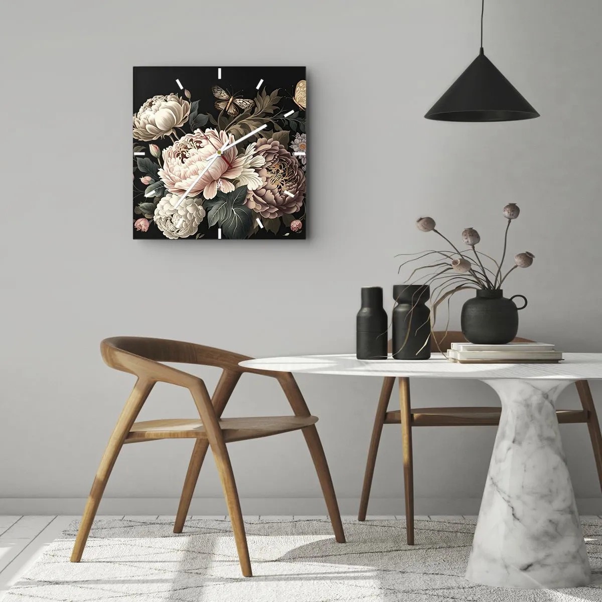 Orologio da parete - Orologio in Vetro - Un bouquet di fiori rosa e farfalle su uno sfondo nero - 30x30cm - In stile barocco - Decorazione murale moderna per soggiorno e camera da letto ARTTOR