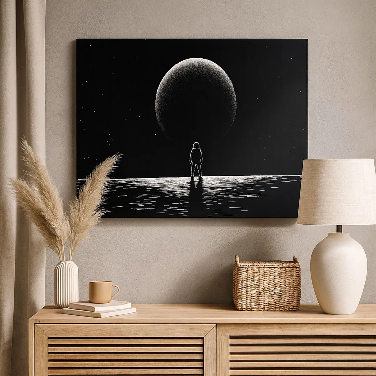 Quadro su tela - Stampe su Tela - Un astronauta sullo sfondo di un grande pianeta nello spazio - 70x50cm - Faccia a faccia - Decorazione murale moderna per soggiorno e camera da letto ARTTOR