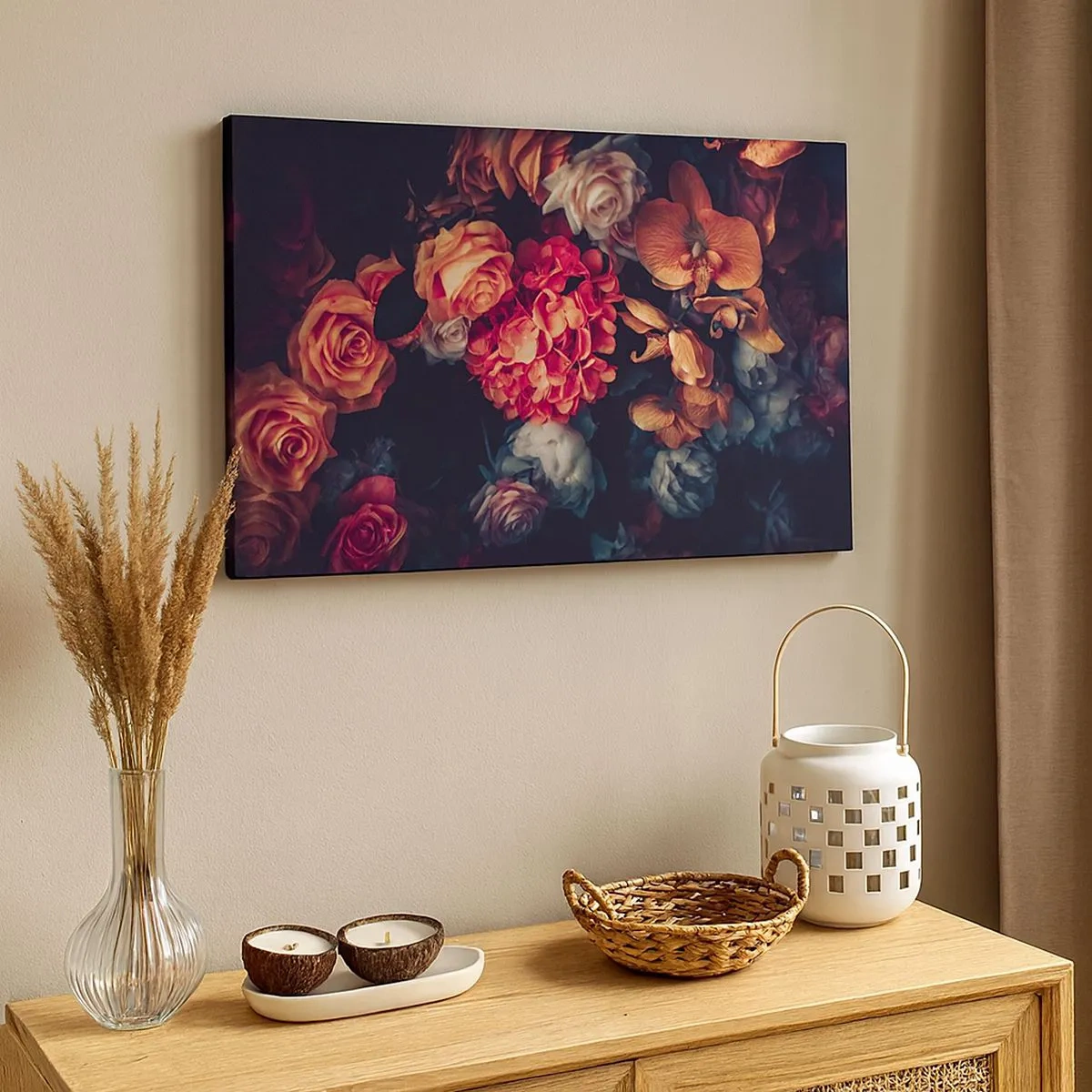 Quadro su tela - Stampe su Tela - Un mazzo di fiori vari in toni scuri - 70x50cm - Come i maestri olandesi - Decorazione murale moderna per soggiorno e camera da letto ARTTOR