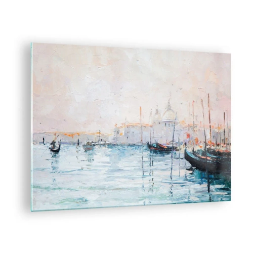 Quadro su vetro - Paesaggio impressionista con barche ed edifici - 70x50cm - Dopo l'acqua, dopo la nebbia - Decorazione murale moderna per soggiorno e camera da letto ARTTOR