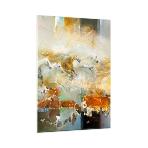 Quadro su vetro - Cavalli astratti in movimento dinamico - 50x70cm - Al galoppo attraverso la luce - Decorazione murale moderna per soggiorno e camera da letto ARTTOR