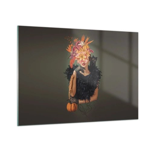 Quadro su vetro - Figura di una donna vestita di nero con una zucca, un gatto e una composizione floreale - 100x70cm - L'incantesimo della strega - Decorazione murale moderna per soggiorno e camera da letto ARTTOR