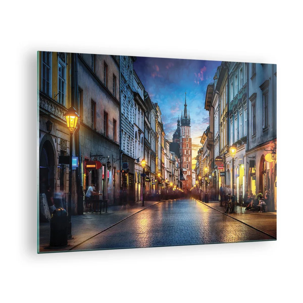 Quadro su vetro - Vista serale del centro storico con la chiesa sullo sfondo - 70x50cm - La magia di Cracovia - Decorazione murale moderna per soggiorno e camera da letto ARTTOR