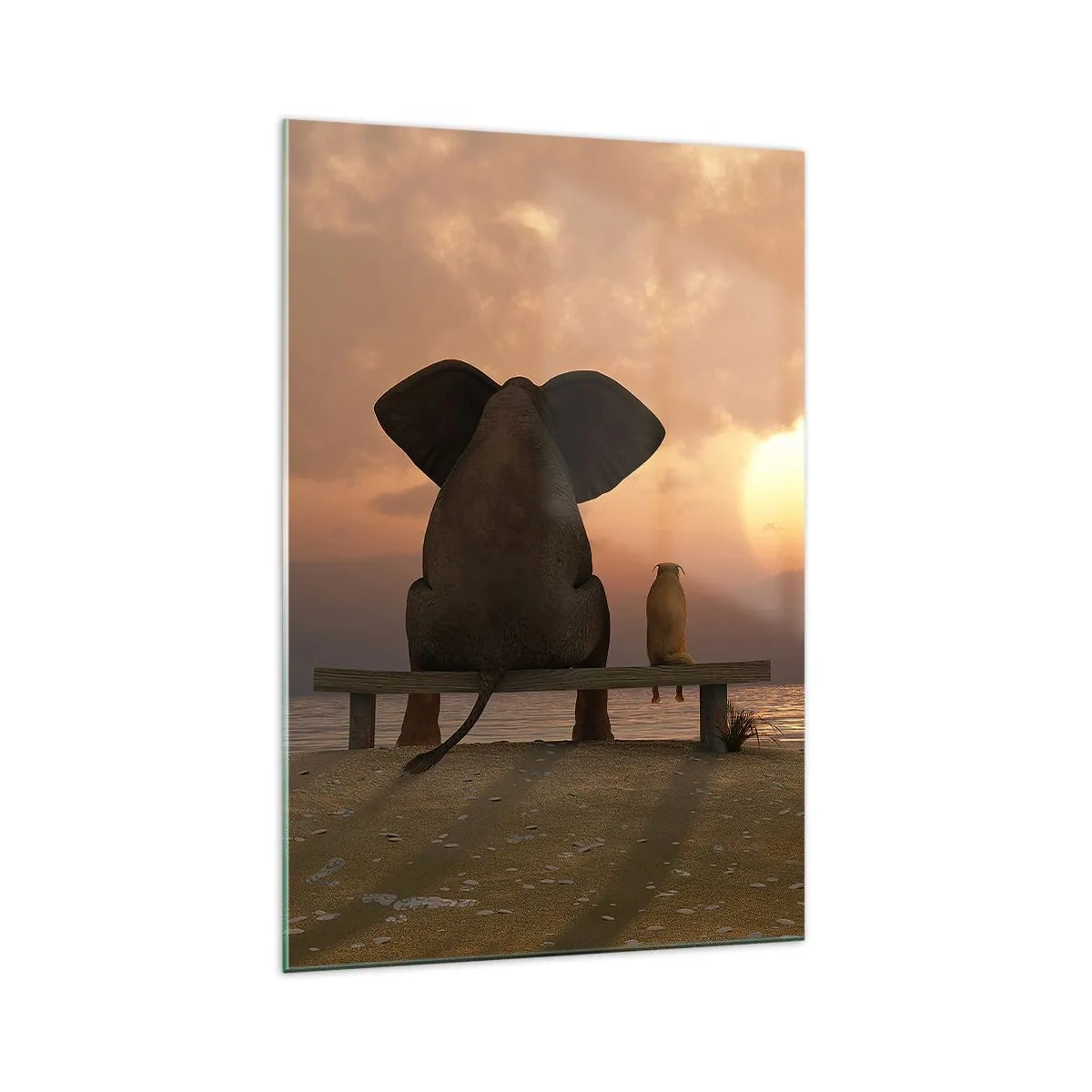 Quadro su vetro - Un elefante e un cane sono seduti su una panchina sulla spiaggia durante il tramonto. - 70x100cm - A volte bisogna tacere - Decorazione murale moderna per soggiorno e camera da letto ARTTOR