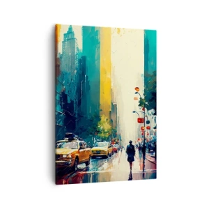 Quadro su tela - Stampe su Tela - Una città vivace con taxi e passanti - 50x70cm - New York: qui anche la pioggia è colorata - Decorazione murale moderna per soggiorno e camera da letto ARTTOR