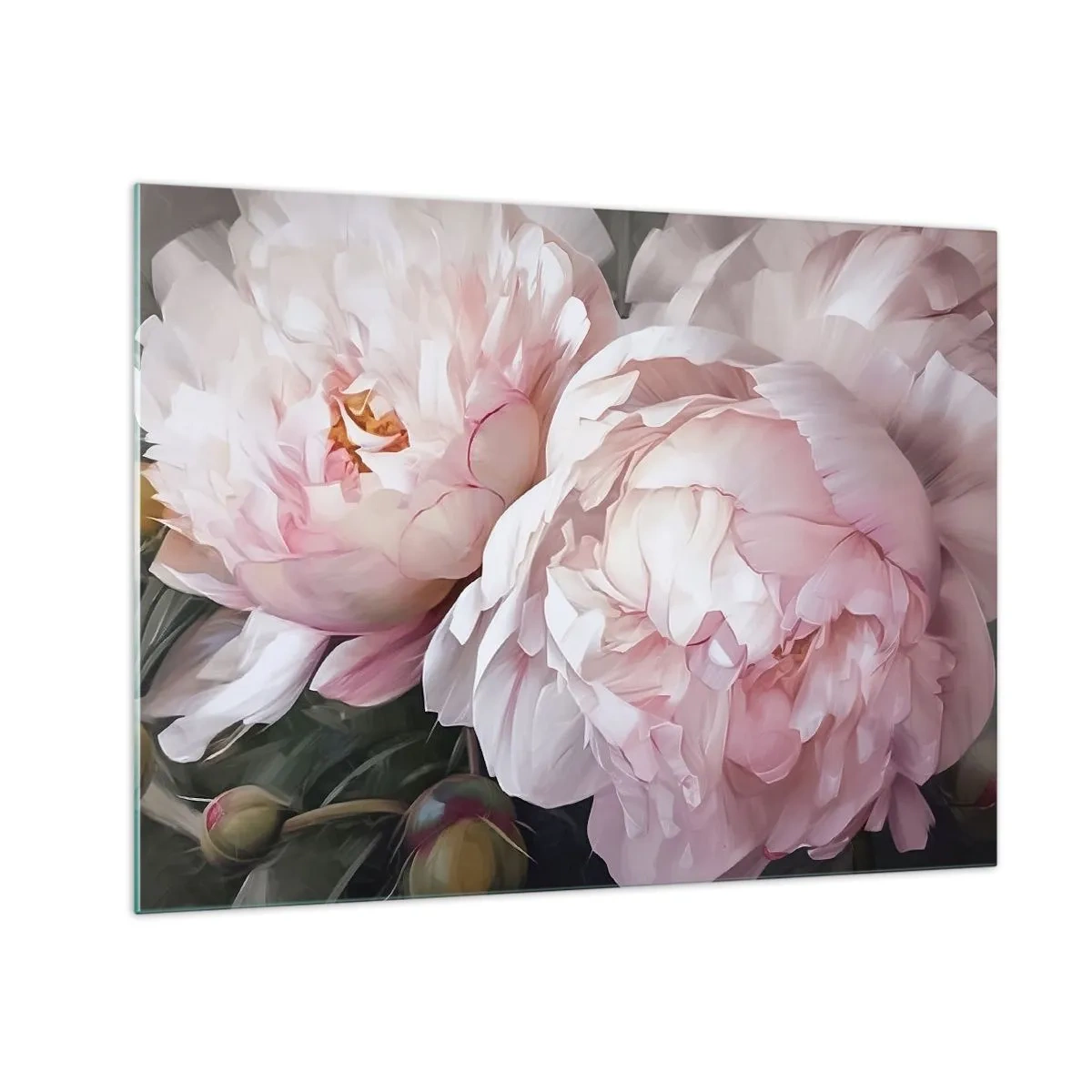 Quadro su vetro - Delicate peonie in una tonalità rosa chiaro in primo piano - 70x50cm - L'attimo della fioritura - Decorazione murale moderna per soggiorno e camera da letto ARTTOR