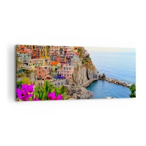 Quadro su tela - Stampe su Tela - Case colorate su una scogliera a picco sul mare in un paesaggio pittoresco - 120x50cm - La città che ride - Decorazione murale moderna per soggiorno e camera da letto ARTTOR
