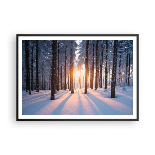 Poster in cornice nera - Foresta invernale illuminata dai raggi del sole - 100x70cm - Decisamente nero su bianco - Decorazione murale moderna per soggiorno e camera da letto ARTTOR