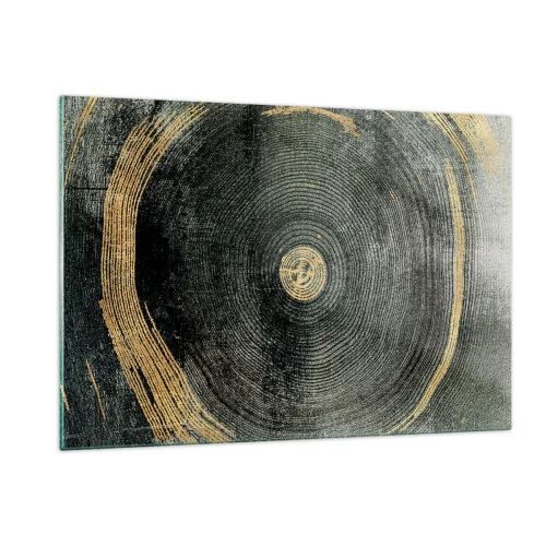 Quadro su vetro - Sezione trasversale di un tronco d'albero con dettagli e accenti dorati - 120x80cm - Cambiamento e persistenza - Decorazione murale moderna per soggiorno e camera da letto ARTTOR