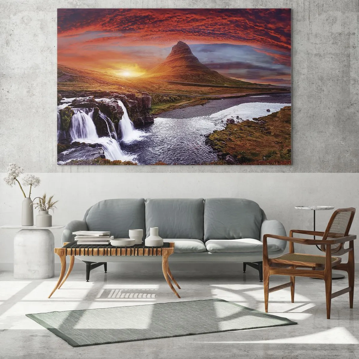 Quadro su vetro - Paesaggio montano con cascata e tramonto - 100x70cm - Paesaggio della Terra di Mezzo - Decorazione murale moderna per soggiorno e camera da letto ARTTOR