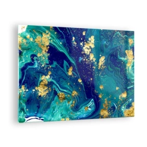 Quadro su vetro - Un motivo astratto nei toni del turchese e del blu navy con accenti dorati - 70x50cm - Petali di sole - Decorazione murale moderna per soggiorno e camera da letto ARTTOR