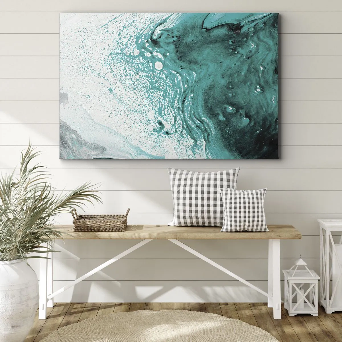 Quadro su tela - Stampe su Tela - Composizione astratta in tonalità turchesi su sfondo bianco - 70x50cm - Sciogliendosi nel bianco e nel turchese - Decorazione murale moderna per soggiorno e camera da letto ARTTOR