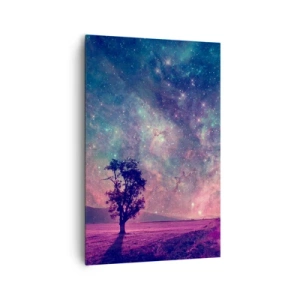 Quadro su tela - Stampe su Tela - Un albero contro un cielo stellato nei colori viola e blu - 80x120cm - Sotto un cielo magico - Decorazione murale moderna per soggiorno e camera da letto ARTTOR