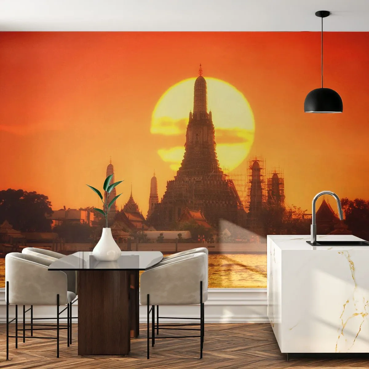 Fotomurali Premium Sand - Verso il sole, sempre verso il sole - Bangkok, Tempio dell'Alba, Tailandia - 300x210 cm