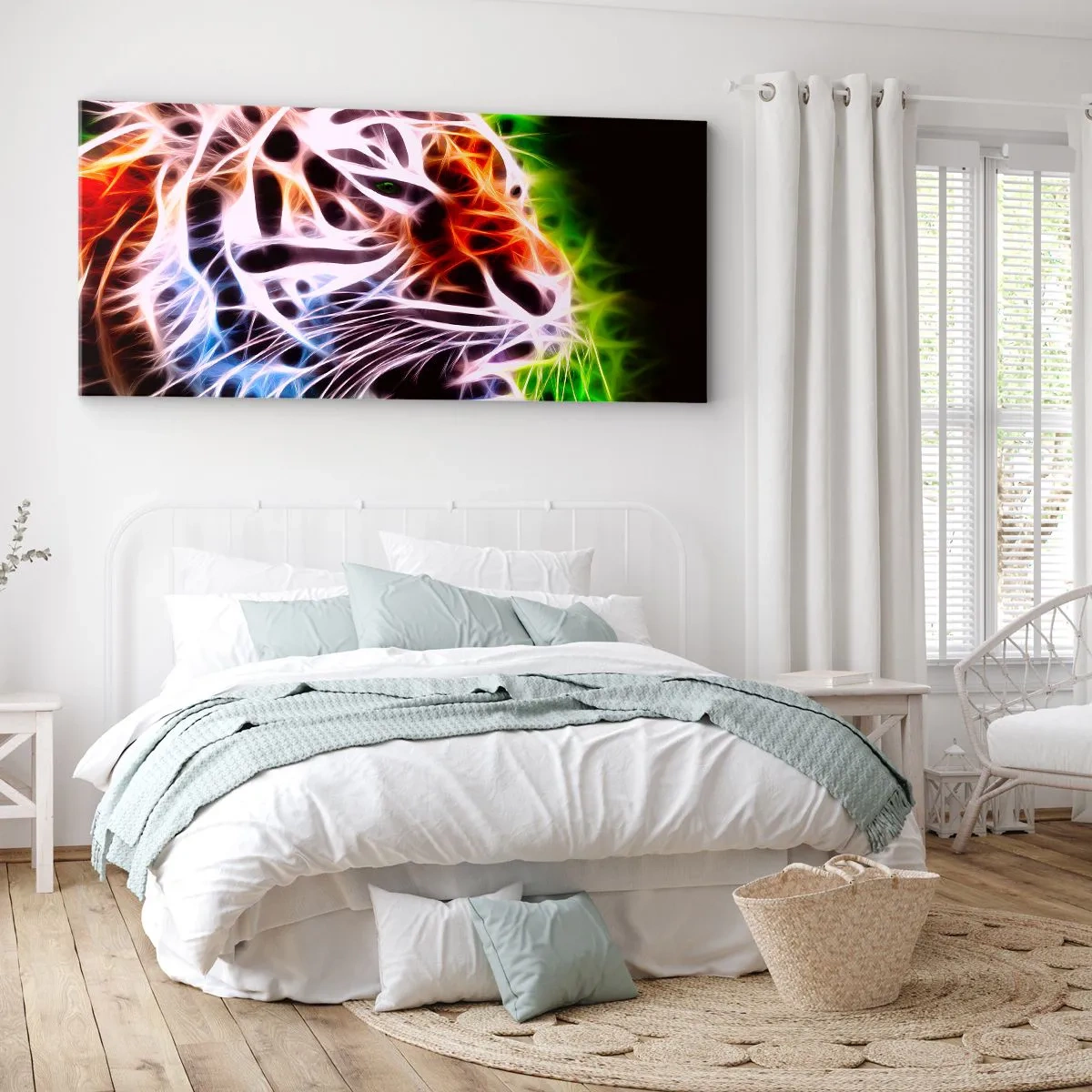 Quadro su tela - Stampe su Tela - Ritratto artistico colorato di una tigre in stile neon su sfondo nero. - 120x50cm - Aura minacciosa - Decorazione murale moderna per soggiorno e camera da letto ARTTOR