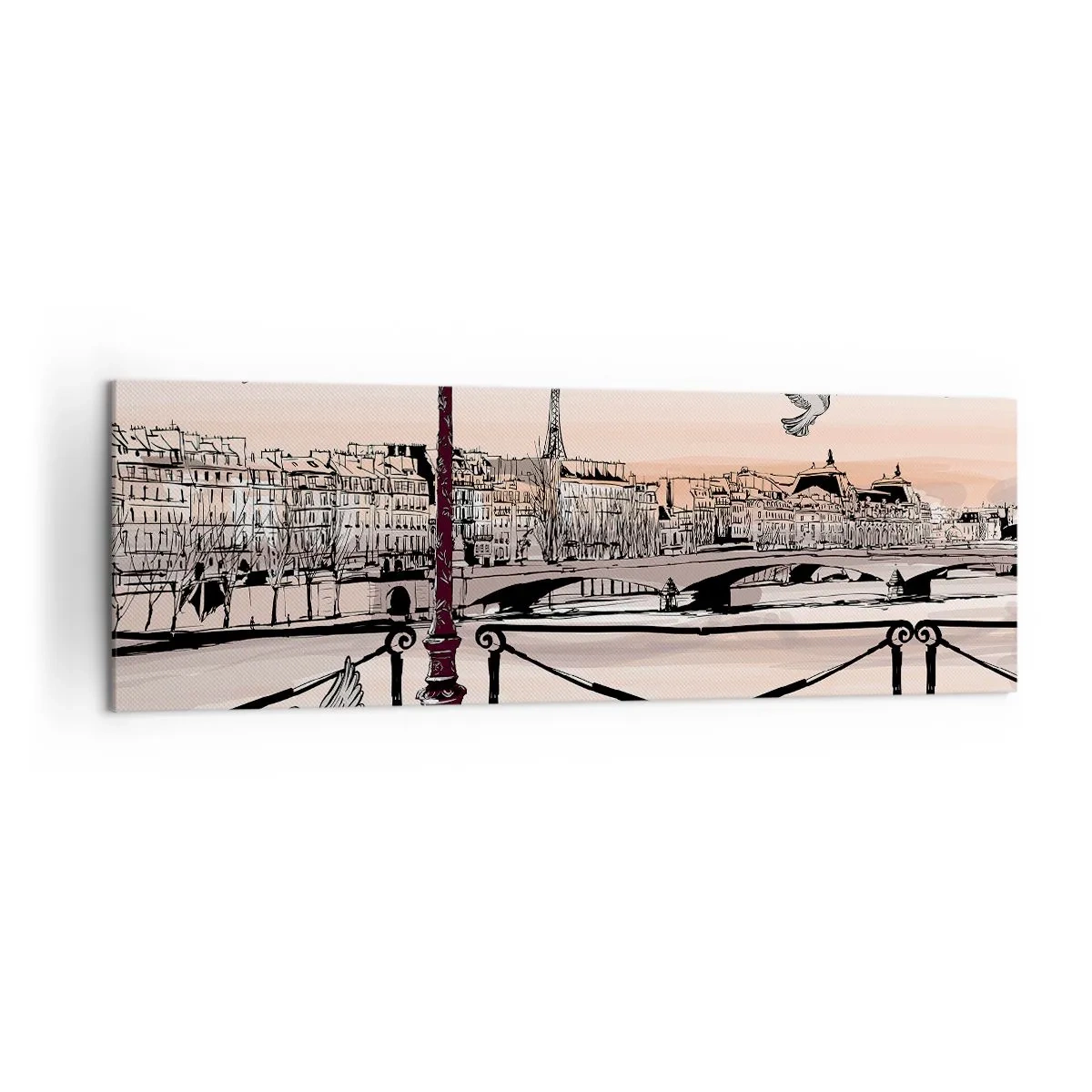 Quadro su tela - Stampe su Tela - Veduta parigina con lanterna e ponte - 160x50cm - Sui tetti di Parigi - Decorazione murale moderna per soggiorno e camera da letto ARTTOR