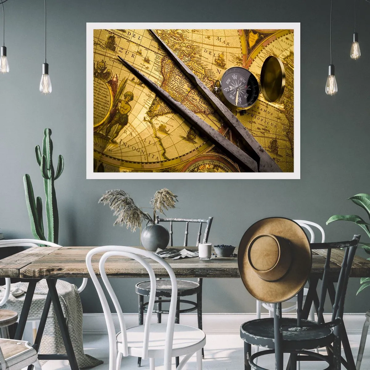 Poster - Una mappa del mondo antica con una bussola e un paio di bussole sullo sfondo - 100x70cm - Dove sono questi tesori? - Decorazione murale moderna per soggiorno e camera da letto ARTTOR