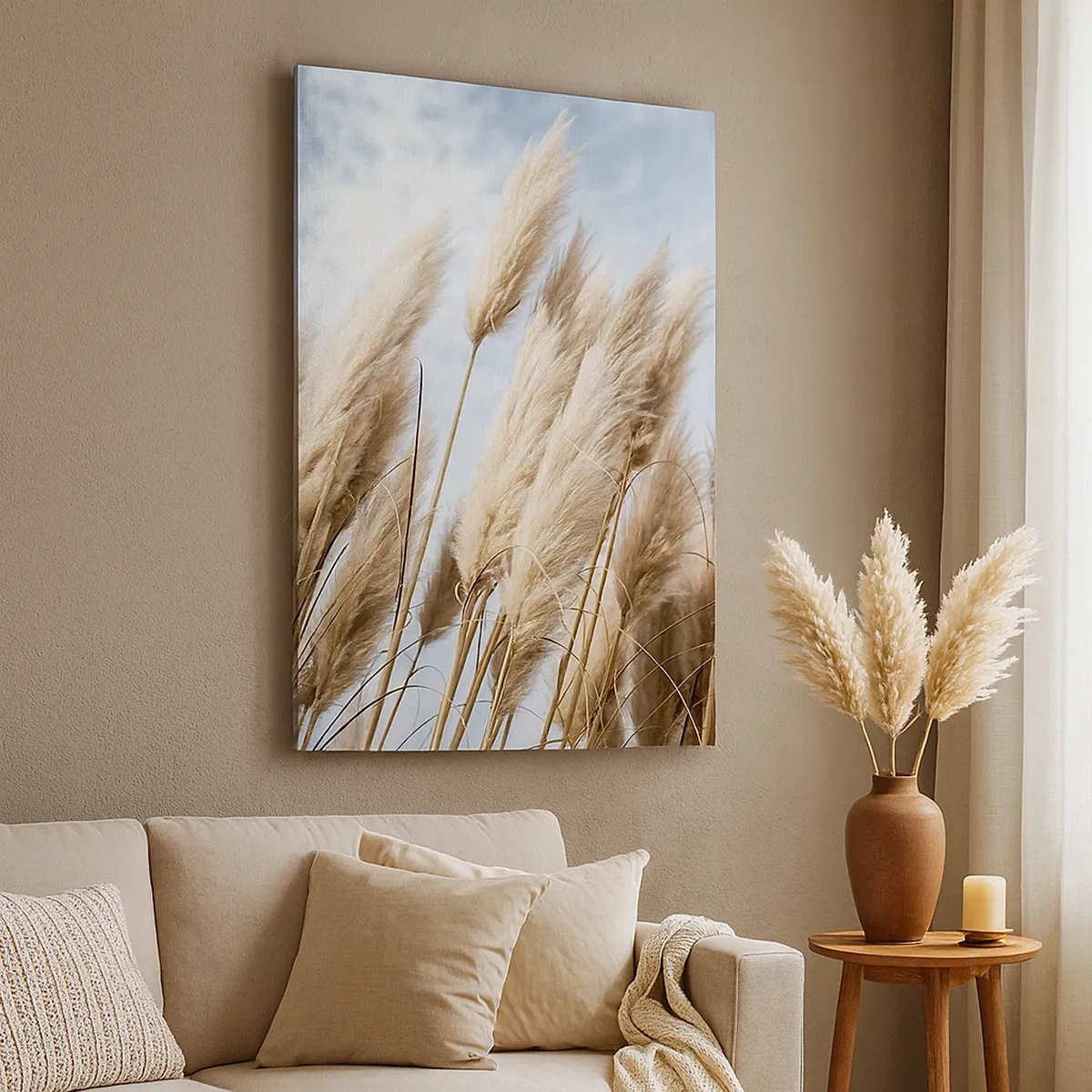 Quadro su tela - Stampe su Tela - Delicati prati di pampa contro un cielo azzurro con nuvole leggere - 50x70cm - Le carezze del sole e del vento - Decorazione murale moderna per soggiorno e camera da letto ARTTOR