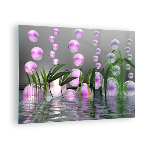 Quadro su vetro - Bolle viola che galleggiano sopra l'acqua con le piante - 70x50cm - Composizione meditativa su leggerezza e vita - Decorazione murale moderna per soggiorno e camera da letto ARTTOR