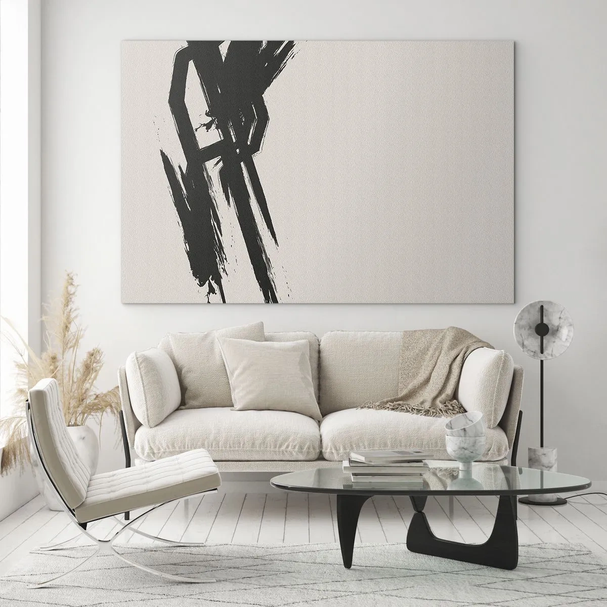 Quadro su vetro - Una pennellata nera dinamica su uno sfondo chiaro - 100x70cm - Corsa sfrenata - Decorazione murale moderna per soggiorno e camera da letto ARTTOR