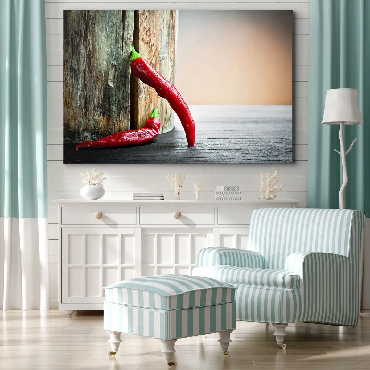Quadro su tela - Stampe su Tela - Due peperoncini rossi su uno sfondo di legno con un accento rustico - 70x50cm - Red hot chili peppers - Decorazione murale moderna per soggiorno e camera da letto ARTTOR