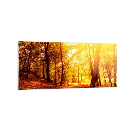 Quadro su vetro - Radura autunnale alla luce dorata del sole con un sentiero nel bosco - 120x50cm - Verso la radura dorata - Decorazione murale moderna per soggiorno e camera da letto ARTTOR