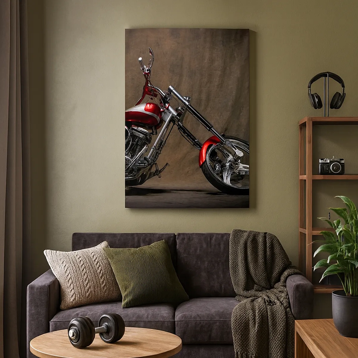 Quadro su tela - Stampe su Tela - Motocicletta personalizzata rossa su sfondo in tessuto marrone - 50x70cm - Bellezza in rosso e argento - Decorazione murale moderna per soggiorno e camera da letto ARTTOR