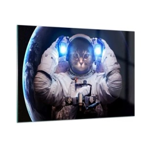 Quadro su vetro - Un cosmonauta con la testa di gatto nello spazio - 100x70cm - Houston, avete un problema - Decorazione murale moderna per soggiorno e camera da letto ARTTOR