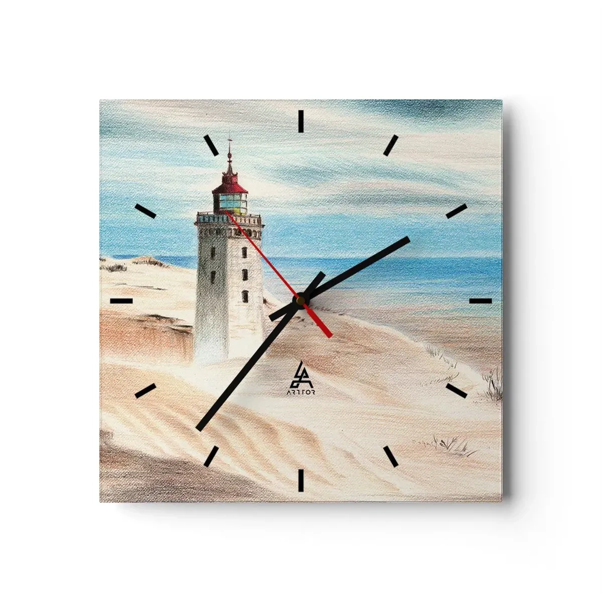 Orologio da parete - Orologio in Vetro - Un faro circondato da dune di sabbia e un cielo azzurro - 30x30cm - Sempre guardando il mare - Decorazione murale moderna per soggiorno e camera da letto ARTTOR
