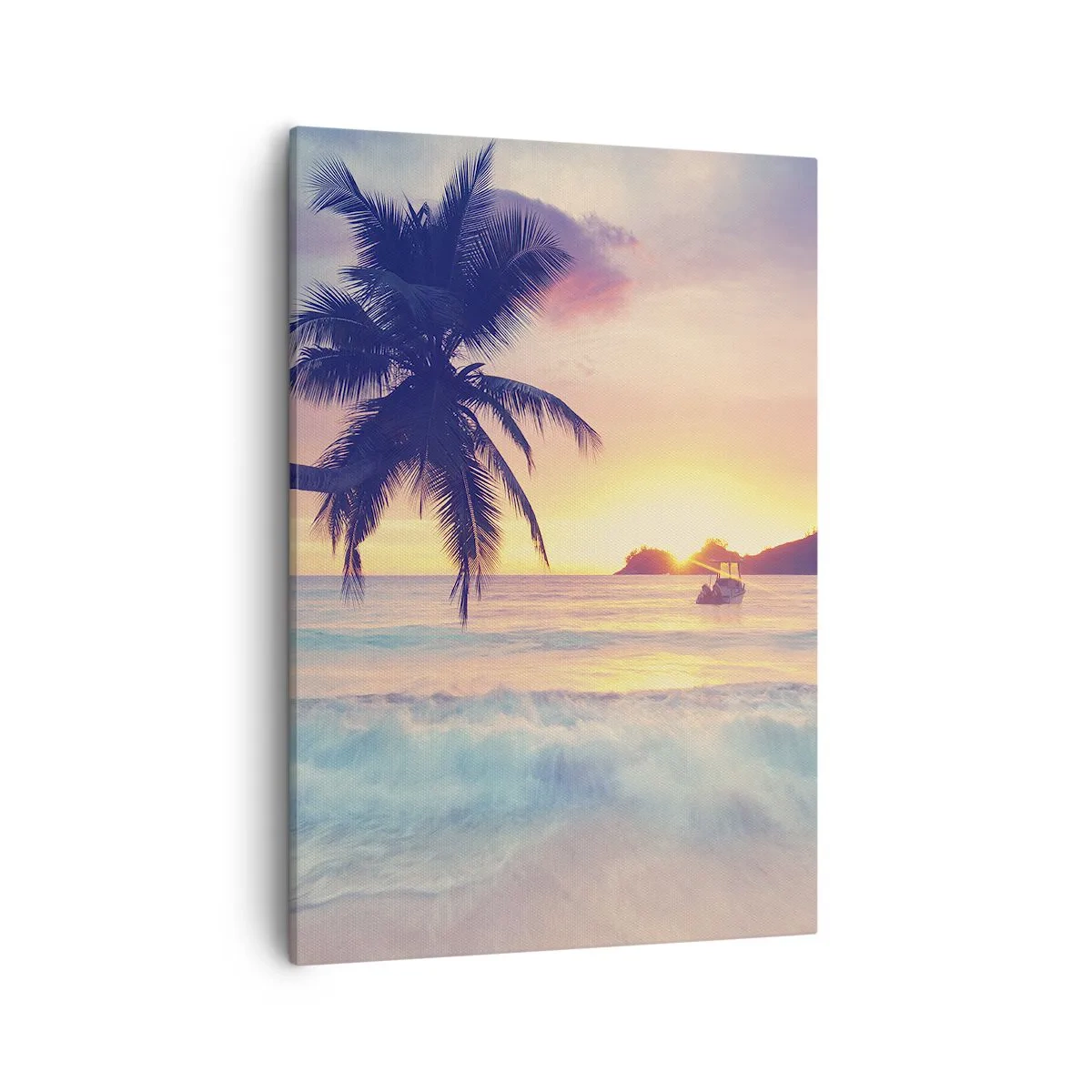 Quadro su tela - Stampe su Tela - Spiaggia con una palma e un tramonto sull'oceano - 50x70cm - Sera nell'insenatura - Decorazione murale moderna per soggiorno e camera da letto ARTTOR