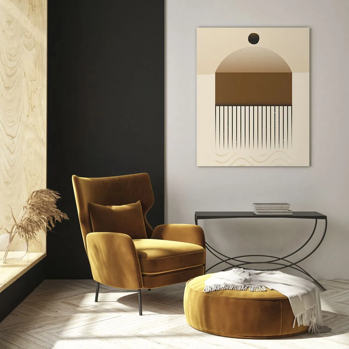 Quadro su vetro - Astrazione beige e marrone con forme e linee geometriche - 50x70cm - Diversi stati - Decorazione murale moderna per soggiorno e camera da letto ARTTOR