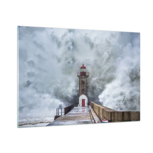 Quadro su vetro - Un faro viene colpito da un'onda potente. - 100x70cm - Fragore delle acque, rumore di tempesta - Decorazione murale moderna per soggiorno e camera da letto ARTTOR